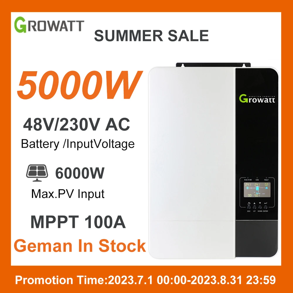 Growatt MPPT100A 5KVA 5000W 48VDC 230V Off Grid Solar Charger Inverter Max PV 450V 50/60Hz Pure Sine Wave can Without Batteries
Growatt MPPT100A 5KVA 5000W 48VDC 230V Off Grid Solar Charger Inverter Max PV 450V 50/60Hz Pure Sine Wave can Without Batteries