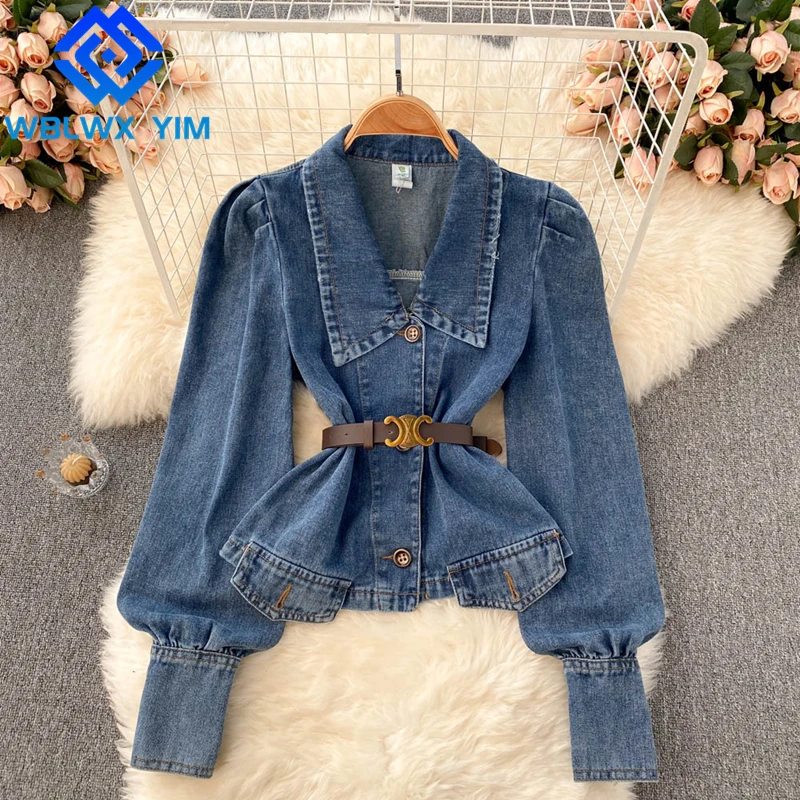 Jeans Jacket Women Fashion Puff Sleeves Denim Jackets Single Breasted Double Pocket Lapel Loose Short Jeans Coat Woman With Belt
Jeans Jacket Women Fashion Puff Sleeves Denim Jackets Single Breasted Double Pocket Lapel Loose Short Jeans Coat Woman With Belt