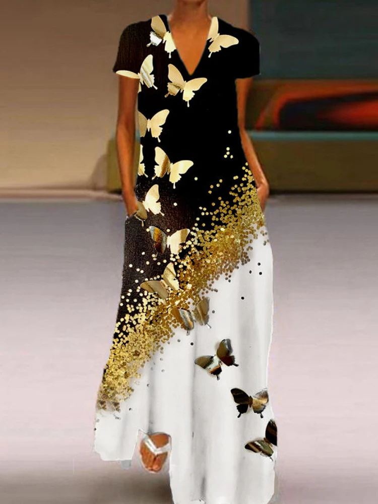 Elegant Butterfly Pattern Printed Loose Long Dress Casual V Neck Short Sleeve Party Dress Summer Women Fashion Pocket Long Dress
Elegant Butterfly Pattern Printed Loose Long Dress Casual V Neck Short Sleeve Party Dress Summer Women Fashion Pocket Long Dress