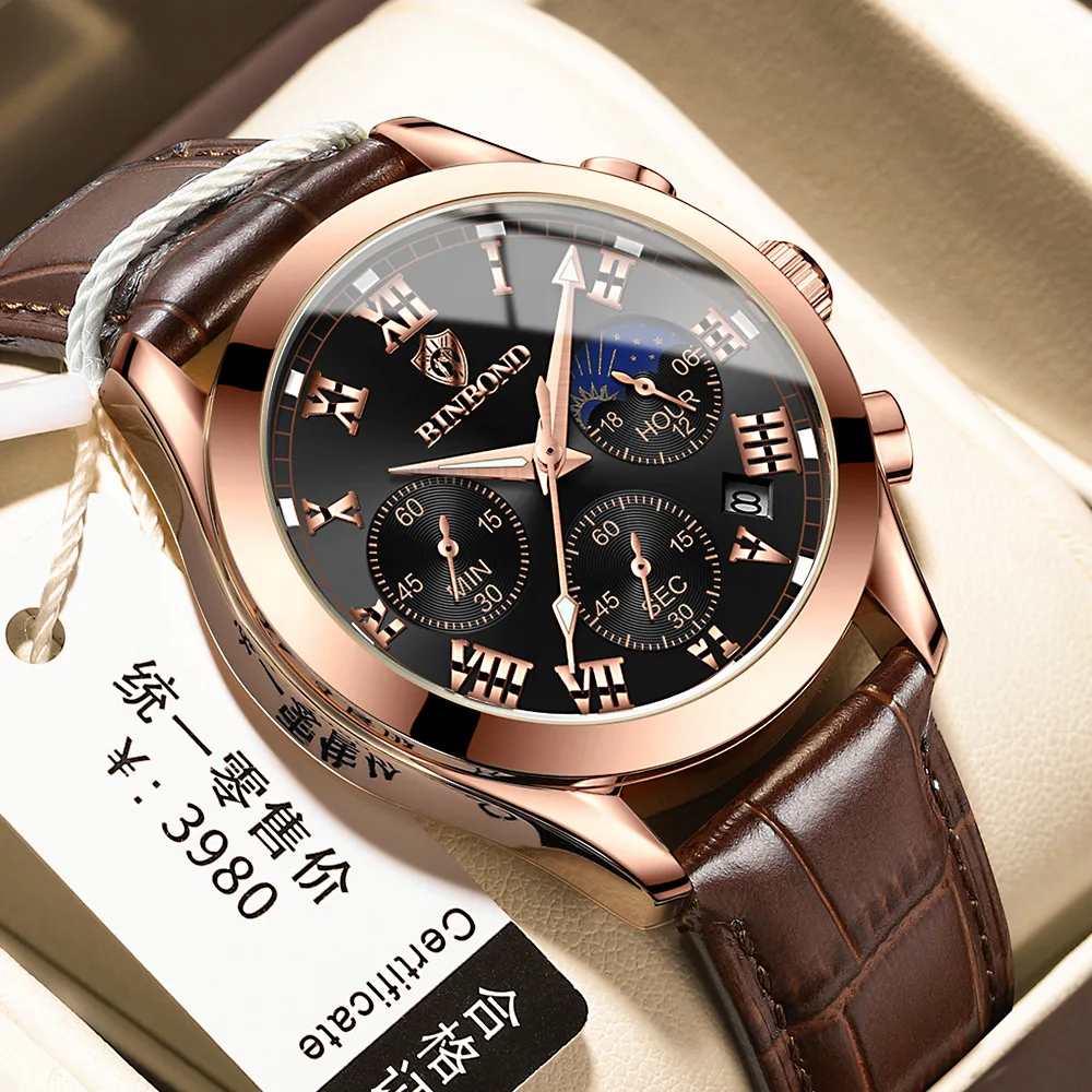 

Fashion Multifunctional Auto-date Luminous Pointer Roman Numeral Waterproof Quartz Watch Leather Strap Mens Business Wristwatch