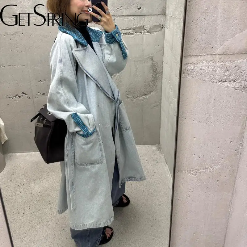

GetSpring Women Denim Trench Coat 2023 Patchwork Double Breasted Blue Denim Windbreaker Fashion Loose Casual Long Jean Overcoat