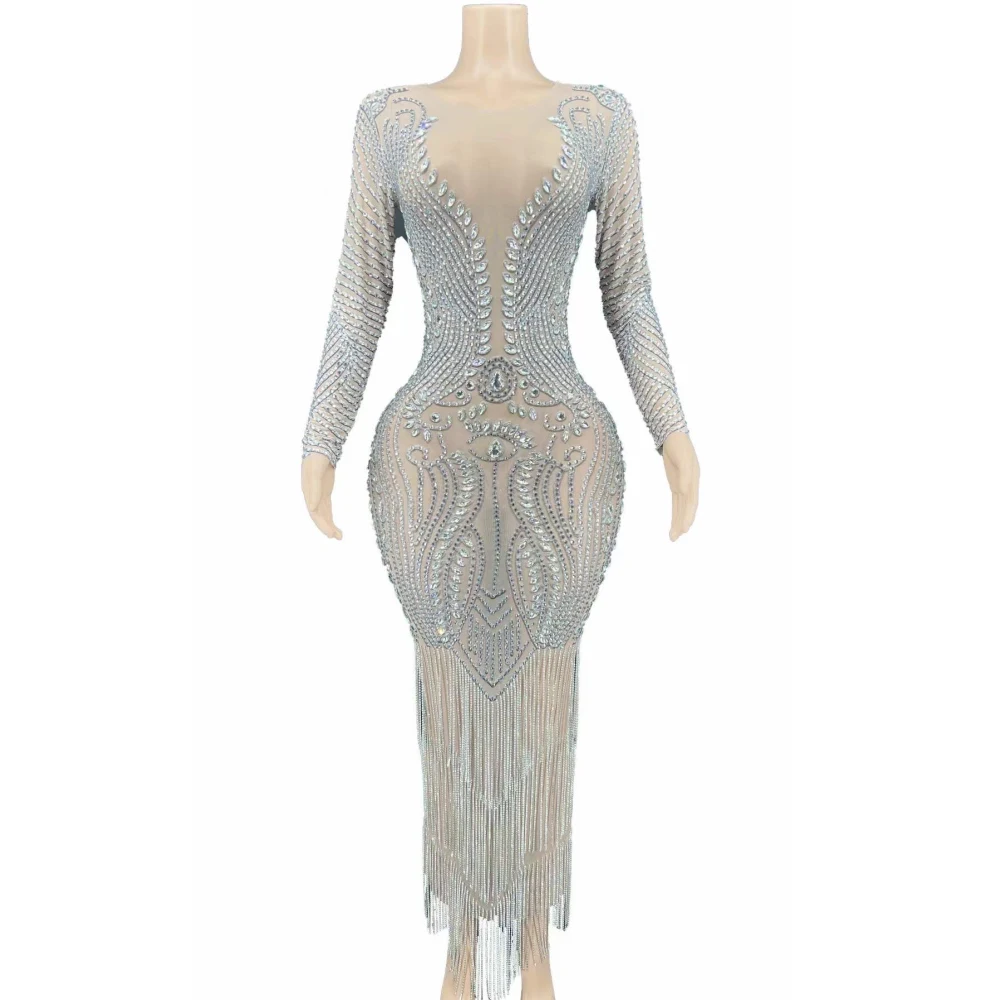 

Nude Shining Rhinestones Crystal Tassel Sexy Long Split Dress For Women Evening Ballroom Clothing Singer Stage Costumes