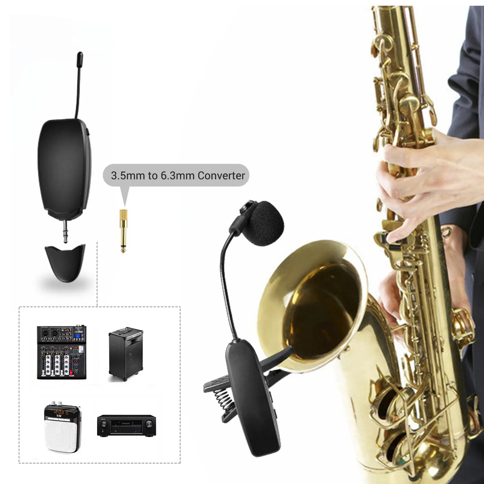 KX-621 UHF Wireless Saxophone Cardioid Condenser Microphone Musical Instrument Mic for Trumpets Clarinet Stage Performance
KX-621 UHF Wireless Saxophone Cardioid Condenser Microphone Musical Instrument Mic for Trumpets Clarinet Stage Performance