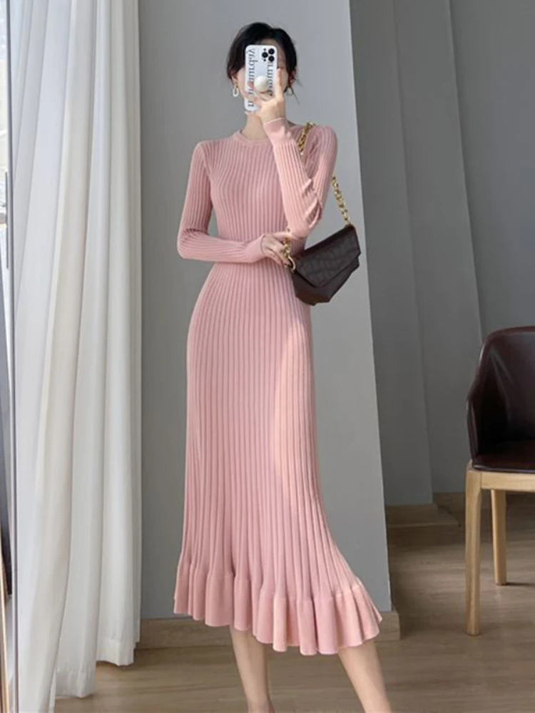 

Женское трикотажное платье-трапеция, базовое розовое облегающее платье с длинным рукавом в Корейском стиле на осень и зиму, 2023