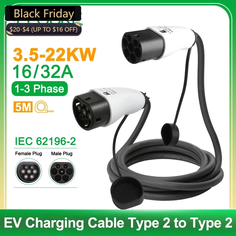 Peocke EV Charging Cable Type 2 to Type 2 EVSE Female to Male Plug 22KW 1/3 Phase for Electric Vehicle Charger Extension Cord
Peocke EV Charging Cable Type 2 to Type 2 EVSE Female to Male Plug 22KW 1/3 Phase for Electric Vehicle Charger Extension Cord