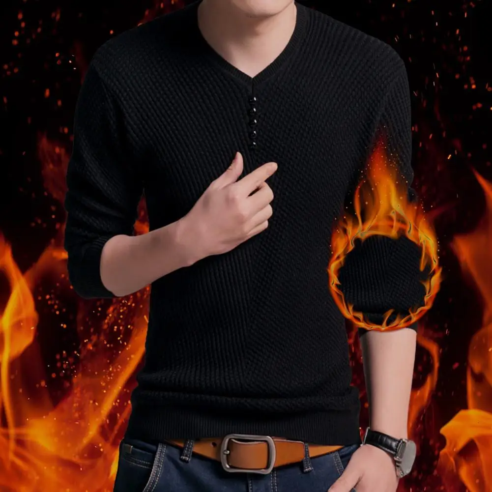 Fleece Lined Men Sweater Men Pullover Sweater Stylish Men's V-neck Knitwear Warm Fleece Lining Button Decor Solid for Autumn
Fleece Lined Men Sweater Men Pullover Sweater Stylish Men's V-neck Knitwear Warm Fleece Lining Button Decor Solid for Autumn
