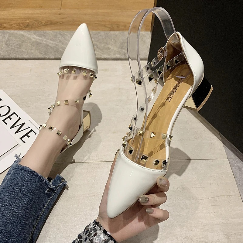 Pointed rivet sandals women's spring and summer 2022 new all-match thin transparent one-word buckle belt thick heel square root
Pointed rivet sandals women's spring and summer 2022 new all-match thin transparent one-word buckle belt thick heel square root