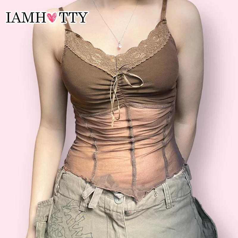 

IAMHOTTY Lace Patchwork Mesh Crop Top Vintage Fairycore Grunge Sleeveless Top Sexy Corset Coquette Style Folds V-neck Camis Y2K