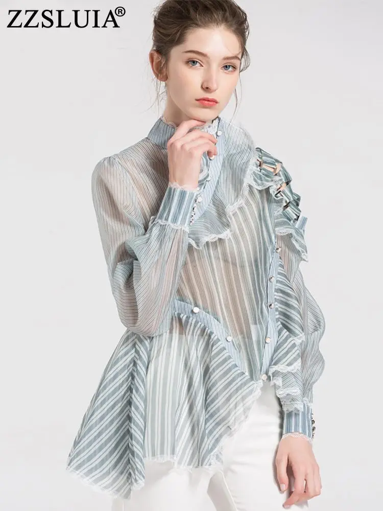 Fashion Woman Blouses 2021 Stand Collar Long Sleeve Lace Ruffles Designer Striped Irregular Shirt See-through Women's Clothing
Fashion Woman Blouses 2021 Stand Collar Long Sleeve Lace Ruffles Designer Striped Irregular Shirt See-through Women's Clothing