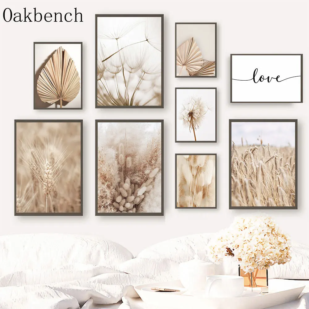 

Beige Wall Art Dried Grass Reed Dandelion Canvas Poster Leaf Art Prints Wheat Print Pictures Nordic Posters Living Room Decor