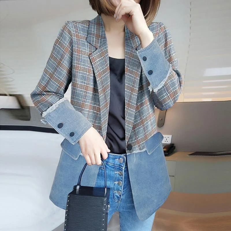 

2023 European Style Loose Fit Blazers Women One Button Denim Patchwork Short Jacket Woven Checked Casual Suit Coat