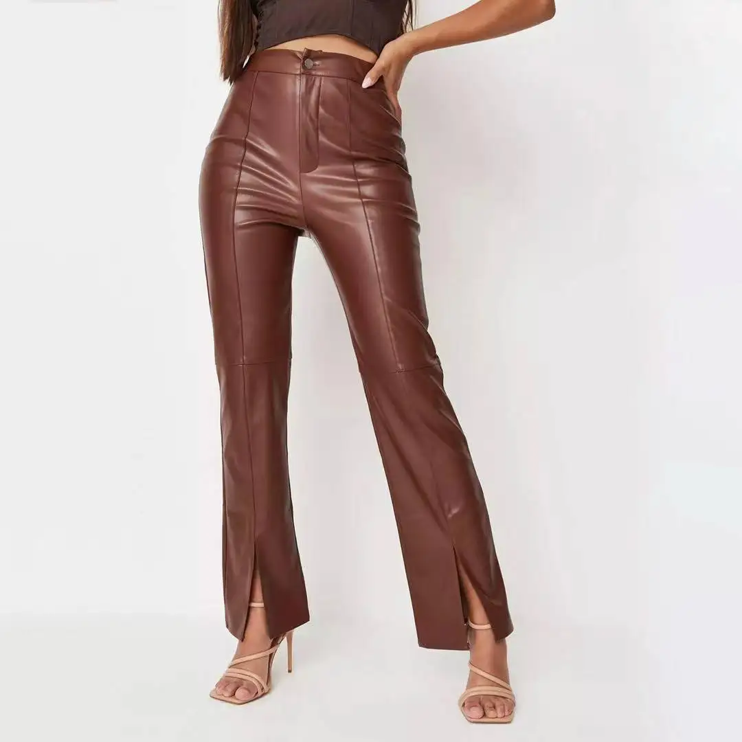 2022 Women Fashion High Elastic PU Leather Pants Ladies Chic Office Zipper Fly Split Straight Black BrownTrousers Elegant
2022 Women Fashion High Elastic PU Leather Pants Ladies Chic Office Zipper Fly Split Straight Black BrownTrousers Elegant