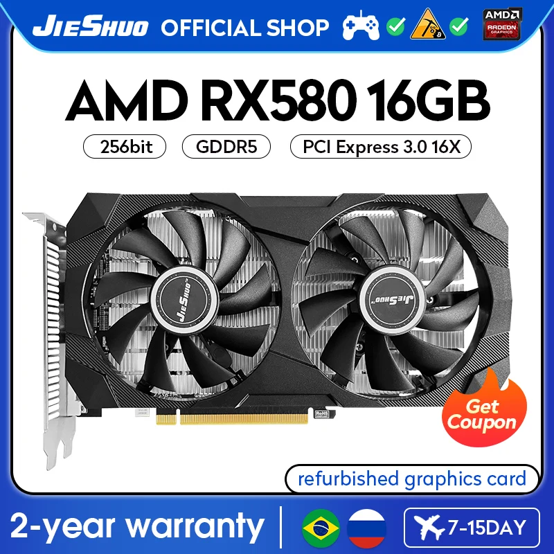 JIESHUO rx 580 16g 2048sp GDDR5 видеоигра графическая карта 256Bit GPU PCI-E 3,0 amd rx580 16 Гб предпочтительный Настольный ПК офисный дизайн