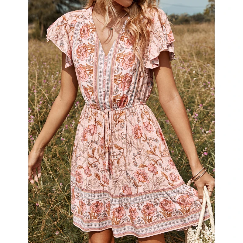 Bohemian Flower Dress Women's Summer Dress Waist Tie Up V Neck Short Ruffle Sleeve Loose Fit Dress Holiday Beach Casual Dresses
Bohemian Flower Dress Women's Summer Dress Waist Tie Up V Neck Short Ruffle Sleeve Loose Fit Dress Holiday Beach Casual Dresses