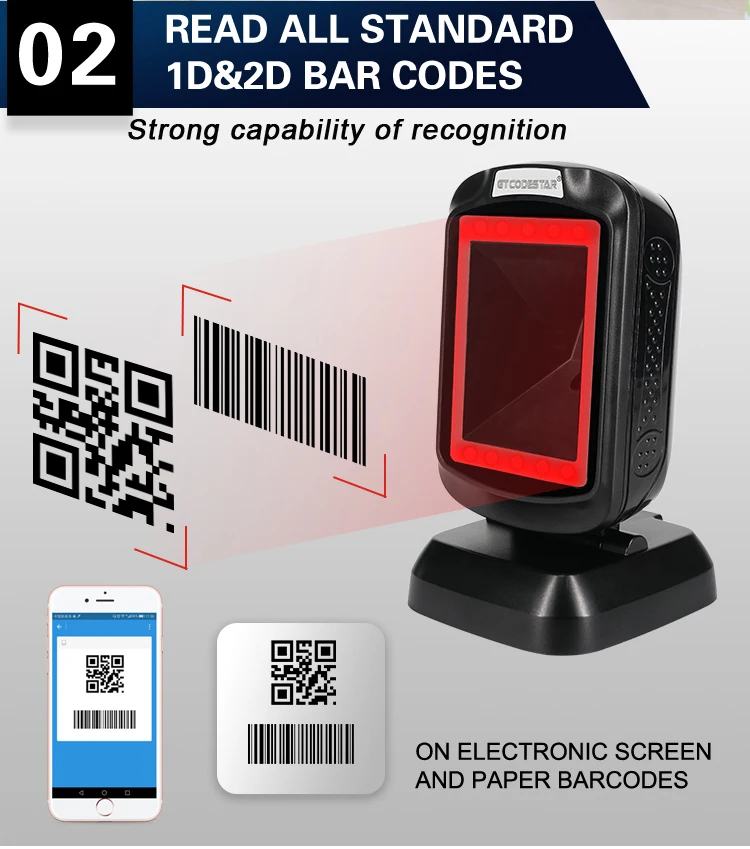 Payment Desktop USB 1D Bar QR Code Scan 2D Scanning Desktop Barcode Scanner GT-9208
Payment Desktop USB 1D Bar QR Code Scan 2D Scanning Desktop Barcode Scanner GT-9208