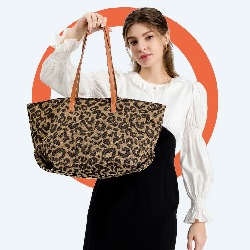 

Роскошная Вместительная женская сумка, новый ретро тоут под плечо с леопардовым принтом, модная простая холщовая Наплечная сумочка из хлоп...