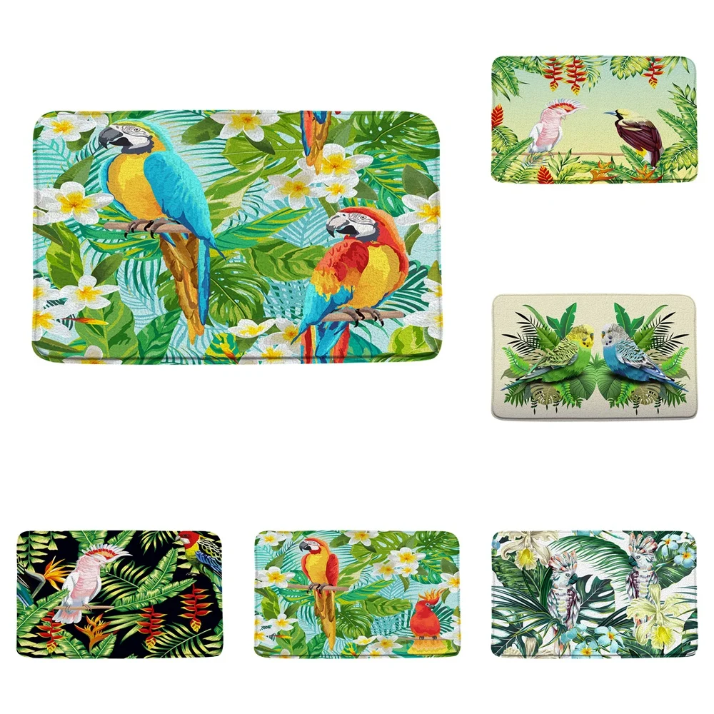 

Palm Leaves Parrot Bath Mats Tropical Plant Flower Jungle Bird Animal Bathroom Rugs Non-Slip Doormat Kitchen Toilet Floor Carpet