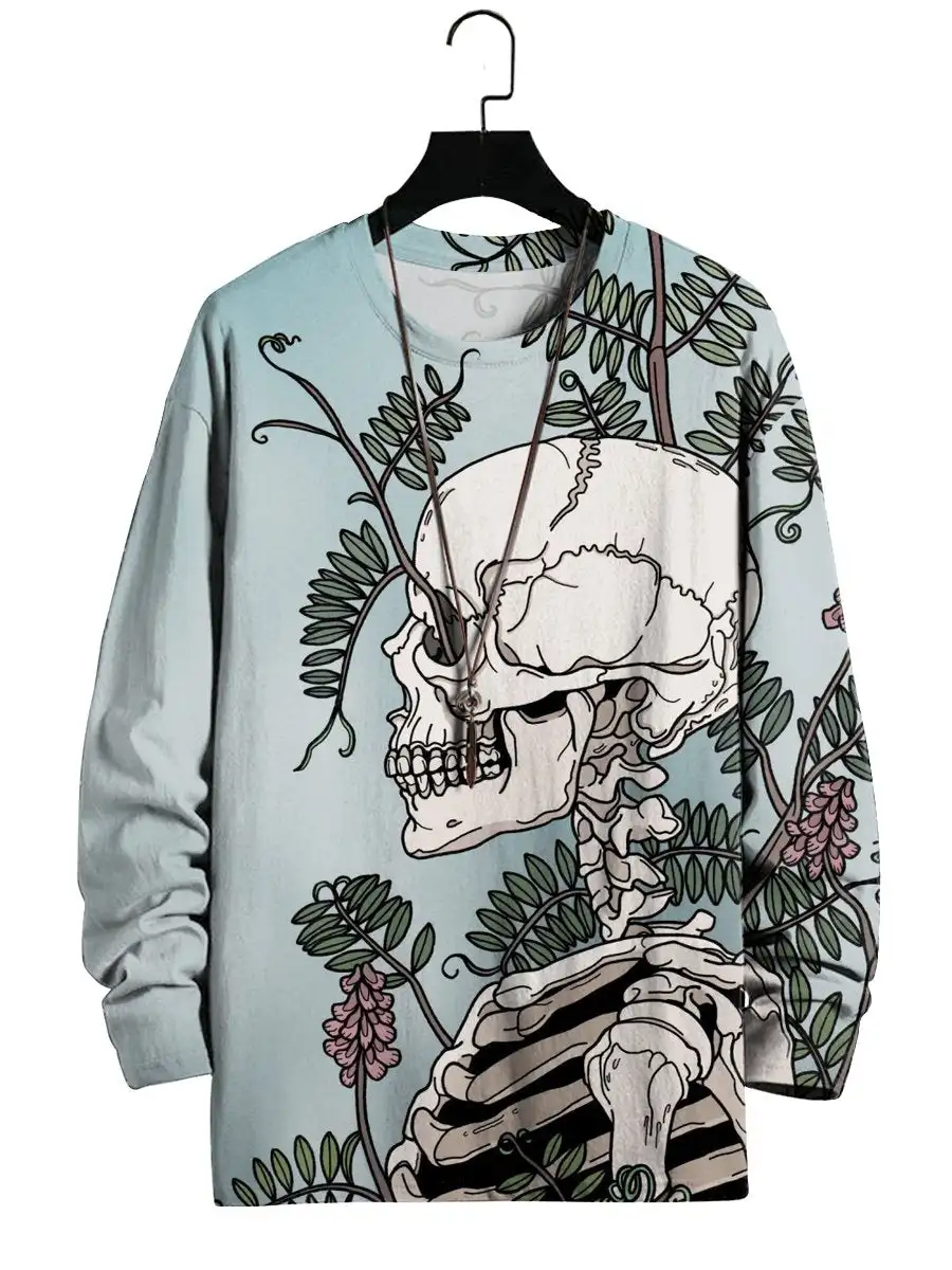 

Molilulu Vintage Skull Drawing Print Casual Long Sleeve T-Shirt