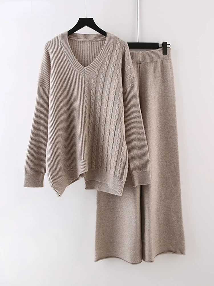 Women's V-neck Irregularity Pullover Sweater+high Waist Loose Wide Leg Pants Knitted 2 Piece Sets Autumn Winter Fashion Set N460 
Women's V-neck Irregularity Pullover Sweater+high Waist Loose Wide Leg Pants Knitted 2 Piece Sets Autumn Winter Fashion Set N460