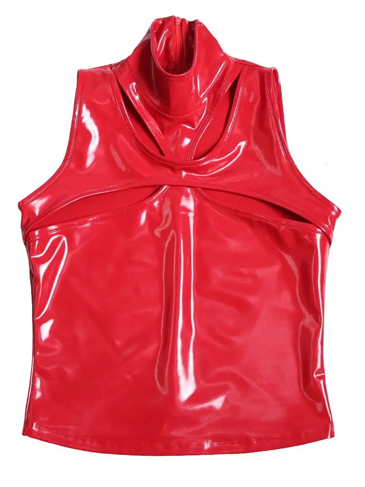 High Collar Hollow Out Chest Shiny PU Leather Tank Top Women Wet Look PVC Crop Tops Tights Sleeveless Bustier Cropped Clubwear
High Collar Hollow Out Chest Shiny PU Leather Tank Top Women Wet Look PVC Crop Tops Tights Sleeveless Bustier Cropped Clubwear