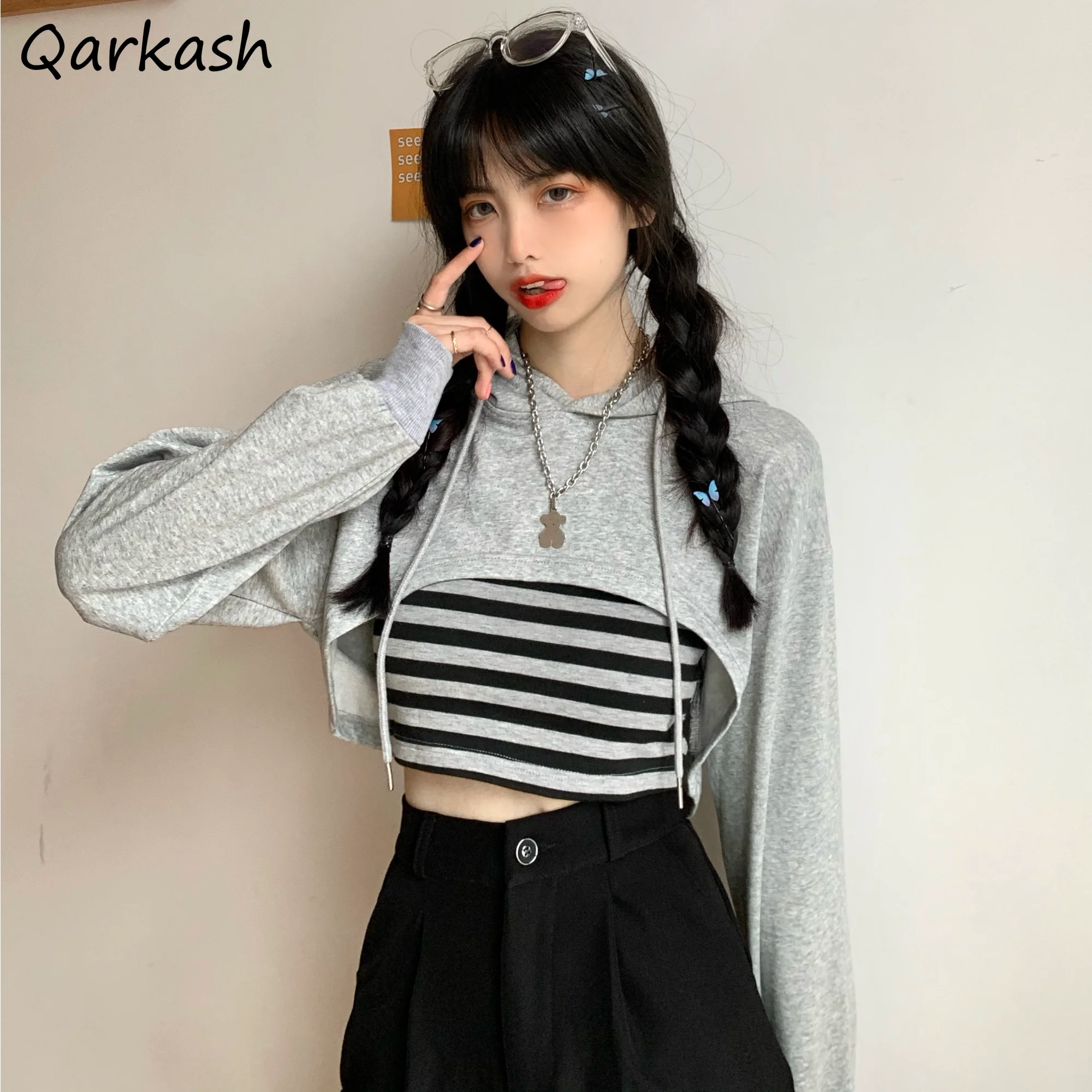 

Sets Women Sporty Style Hoodies Striped Vintage Crop Designed Slim Camisole New Spring Chic Y2k Ulzzang Sweet Schoolgirls Trendy