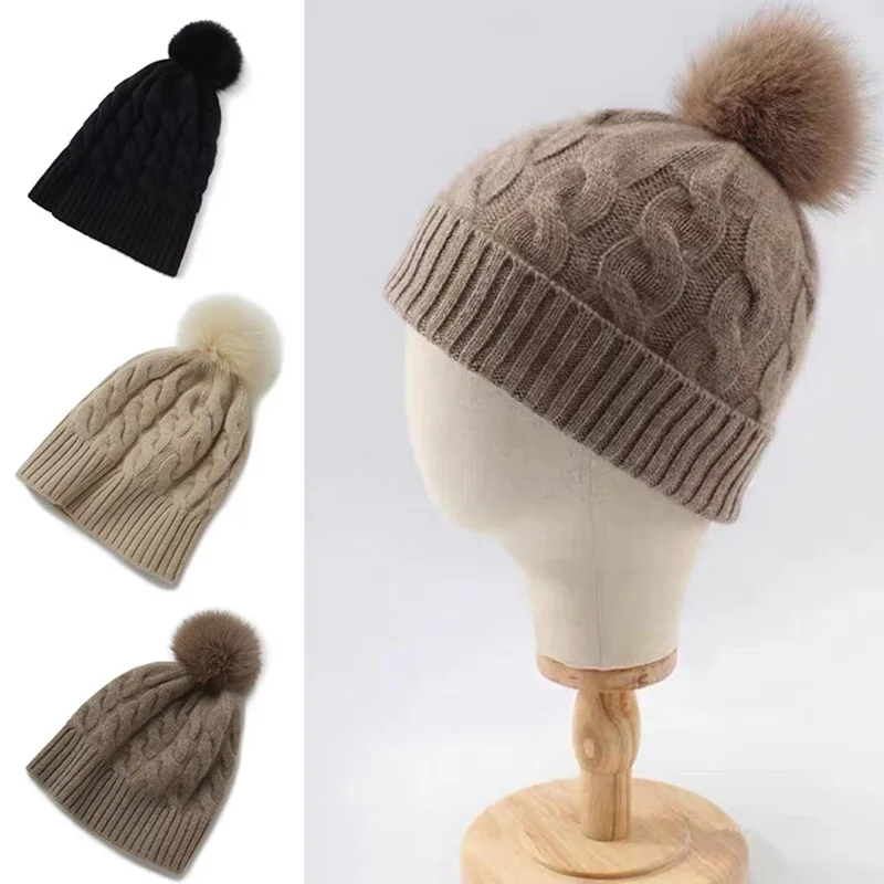 

Winter Warm Big Pompom Unisex Knitted Hat Cute Hairball Thick Warm Hats Bonnet Imitation Fox Fur Ball Solid Color Beanie Cap