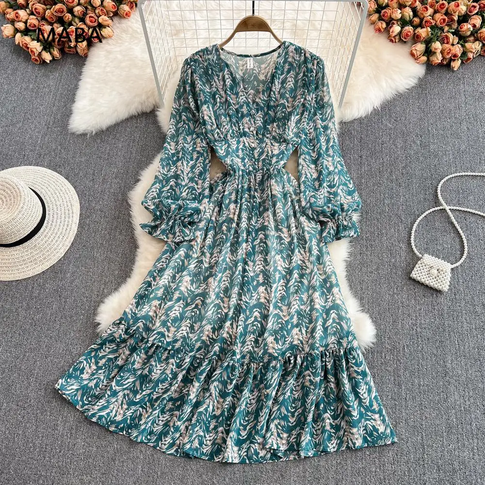 French Chiffon Dress Women 2022 Spring Autumn New V-neck Puff Long Sleeve Slim Waist Ruffle Midi Floral A-line long Dress Robes
French Chiffon Dress Women 2022 Spring Autumn New V-neck Puff Long Sleeve Slim Waist Ruffle Midi Floral A-line long Dress Robes