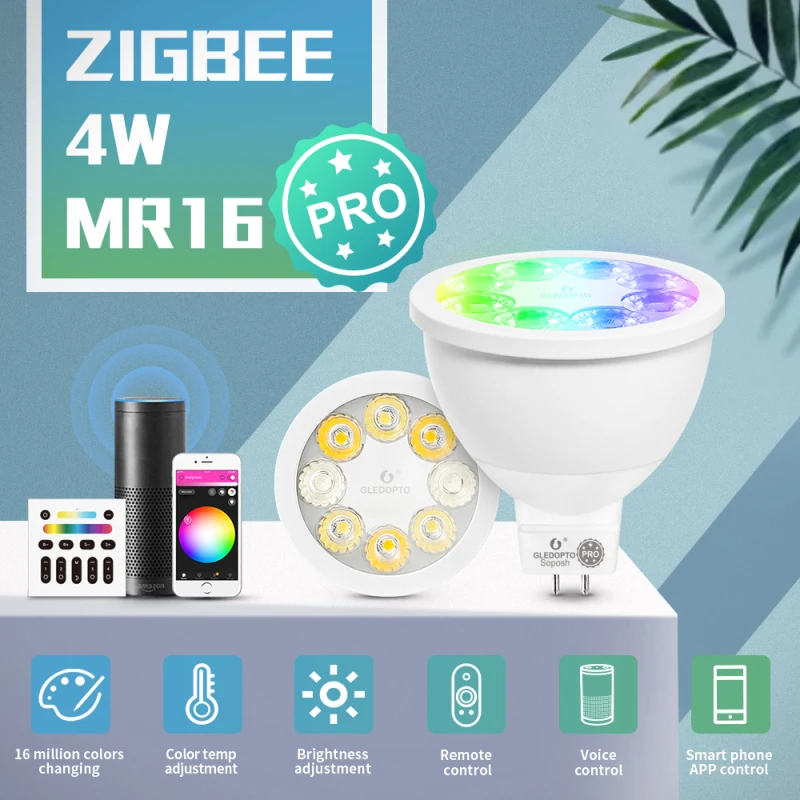 

Умная лампа GLEDOPTO RGB + CCT MR16 для прожектора, 4 Вт, ZigBee 3,0, управление через приложение/Голосовое управление/РЧ, работает с Alexa Echo Plus SmartThings