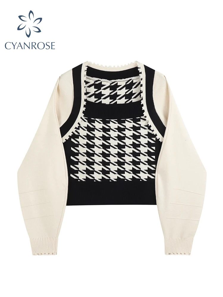 Women Sweater Plaid Patchwork Square Collar Vintage Casual Chic Design Streetwear Fashion Knit Fake Two PiecesSueters Mujer Top
Women Sweater Plaid Patchwork Square Collar Vintage Casual Chic Design Streetwear Fashion Knit Fake Two PiecesSueters Mujer Top