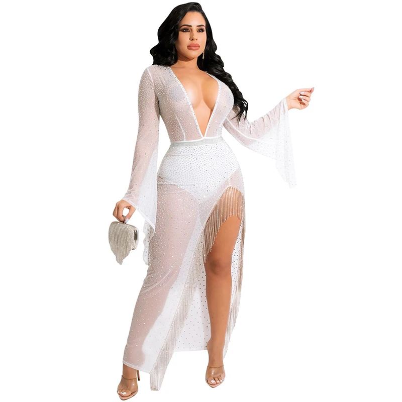 Women Sexy See Through Mesh Diamonds Tassel Deep V Neck Flare Sleeve Bodycon Elegant Asymmetrical 2022 Party Club Maxi Dresses 
Women Sexy See Through Mesh Diamonds Tassel Deep V Neck Flare Sleeve Bodycon Elegant Asymmetrical 2022 Party Club Maxi Dresses