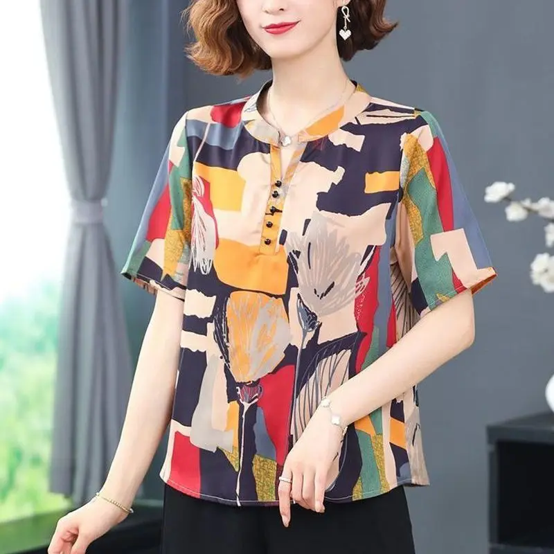 Loose Office Lady Women's Clothing Simplicity Summer Thin Casual Korean Blouses Printing O-neck Short Sleeve Pullovers Buttons
Loose Office Lady Women's Clothing Simplicity Summer Thin Casual Korean Blouses Printing O-neck Short Sleeve Pullovers Buttons