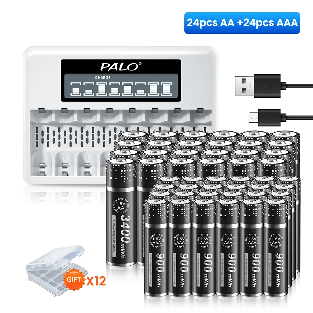 PALO 1.5V AAA AA Li-ion Rechargeable Battery 3400mWh AA Lithium Battery+900mWh AAA Li ion Battery AA AAA Battery+8 Slots Charger
PALO 1.5V AAA AA Li-ion Rechargeable Battery 3400mWh AA Lithium Battery+900mWh AAA Li ion Battery AA AAA Battery+8 Slots Charger