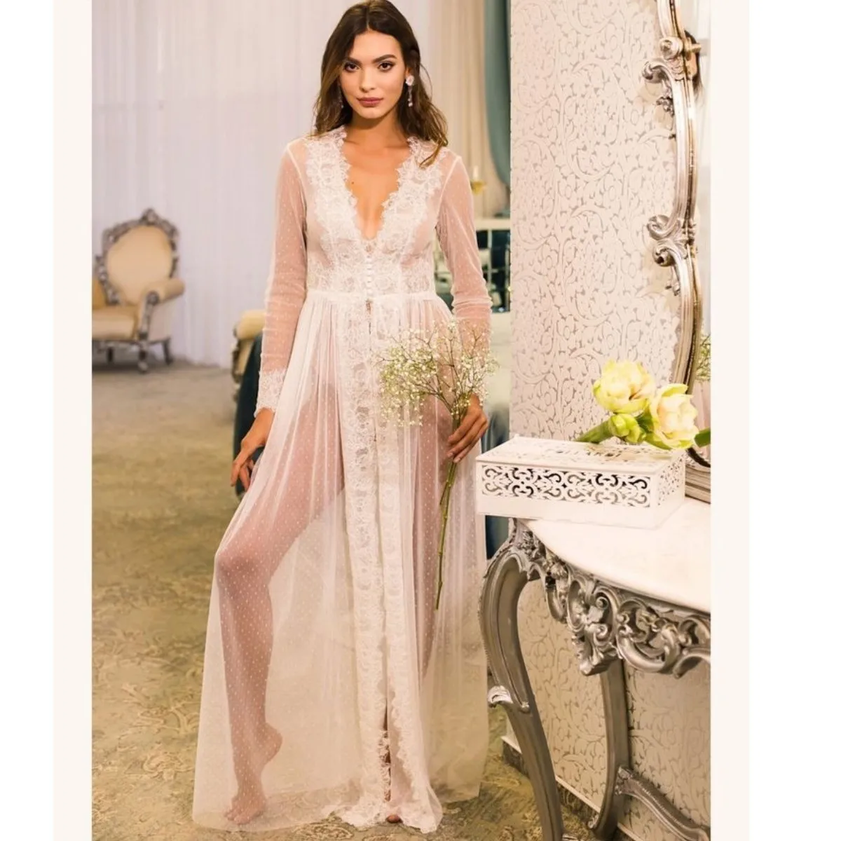 Sexy Maternity Dresses for Women Lace V-Neck Full Sleeves Bathrobe Bridal Gown A-Line Illusion Bodice Baby Shower Long Robe
Sexy Maternity Dresses for Women Lace V-Neck Full Sleeves Bathrobe Bridal Gown A-Line Illusion Bodice Baby Shower Long Robe