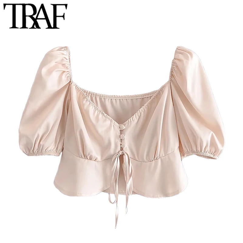 TRAF Women Fashion With Tied Soft Touch Cropped Blouses Vintage V Neck Short Sleeve Female Shirts Blusas Chic Tops
TRAF Women Fashion With Tied Soft Touch Cropped Blouses Vintage V Neck Short Sleeve Female Shirts Blusas Chic Tops