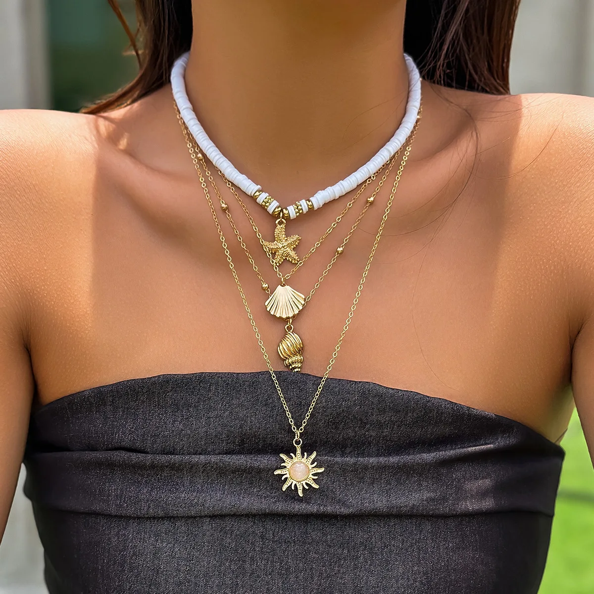 

Summer Beach Necklaces For Women with Shell Conch Sun Pendant Multi layered tassel Link Chain Bohemia Punk Girl Choker Jewelry