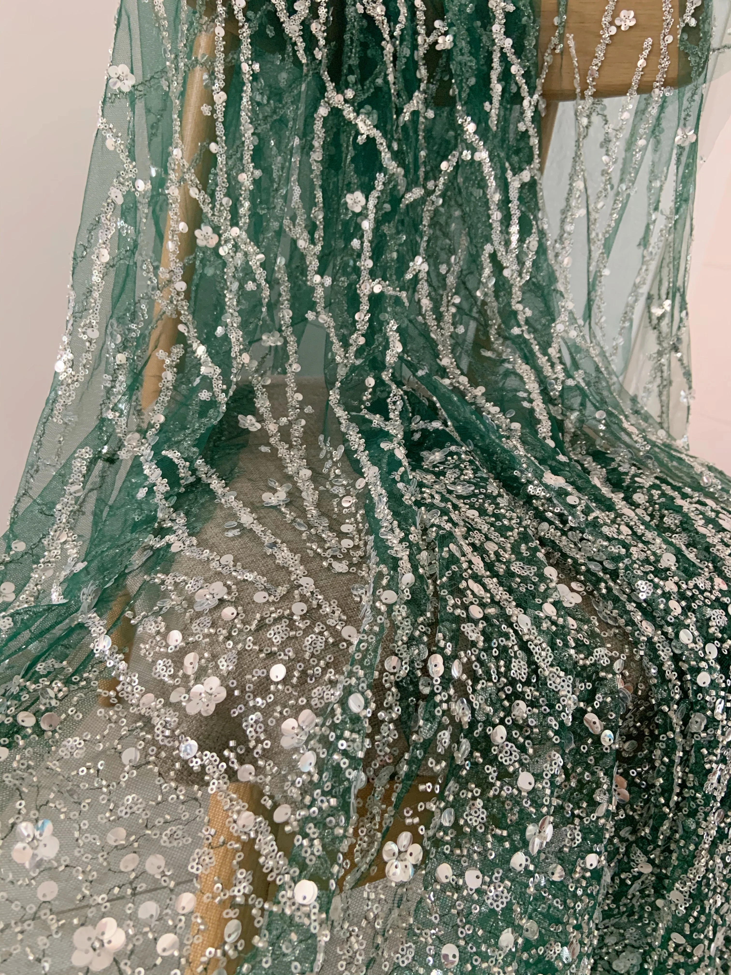 

1 Yard Dark Green Sparkle Tulle Lace Fabric with Sequin Bead Floral Branches for Couture,Wedding Dress Decor