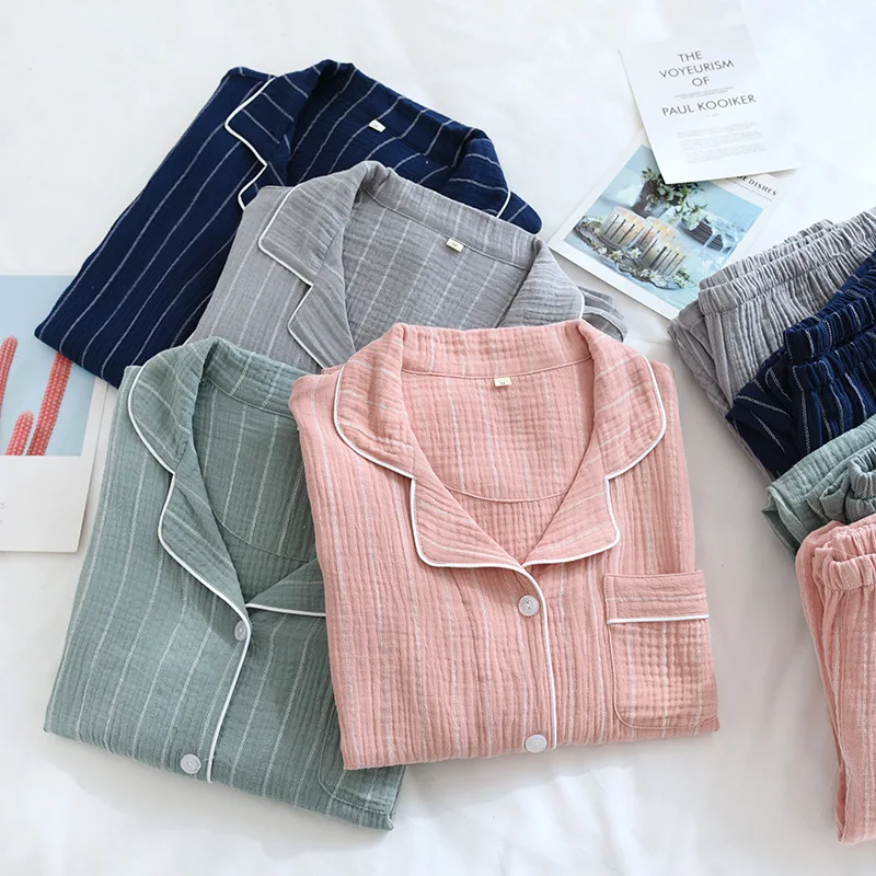 Cotton Gauze Couple Pajamas Suit Light Crepe Long Sleeve Trousers Pajama Set Striped Lapel Lounge Wear 2 Piece Spring Sleepwear
Cotton Gauze Couple Pajamas Suit Light Crepe Long Sleeve Trousers Pajama Set Striped Lapel Lounge Wear 2 Piece Spring Sleepwear