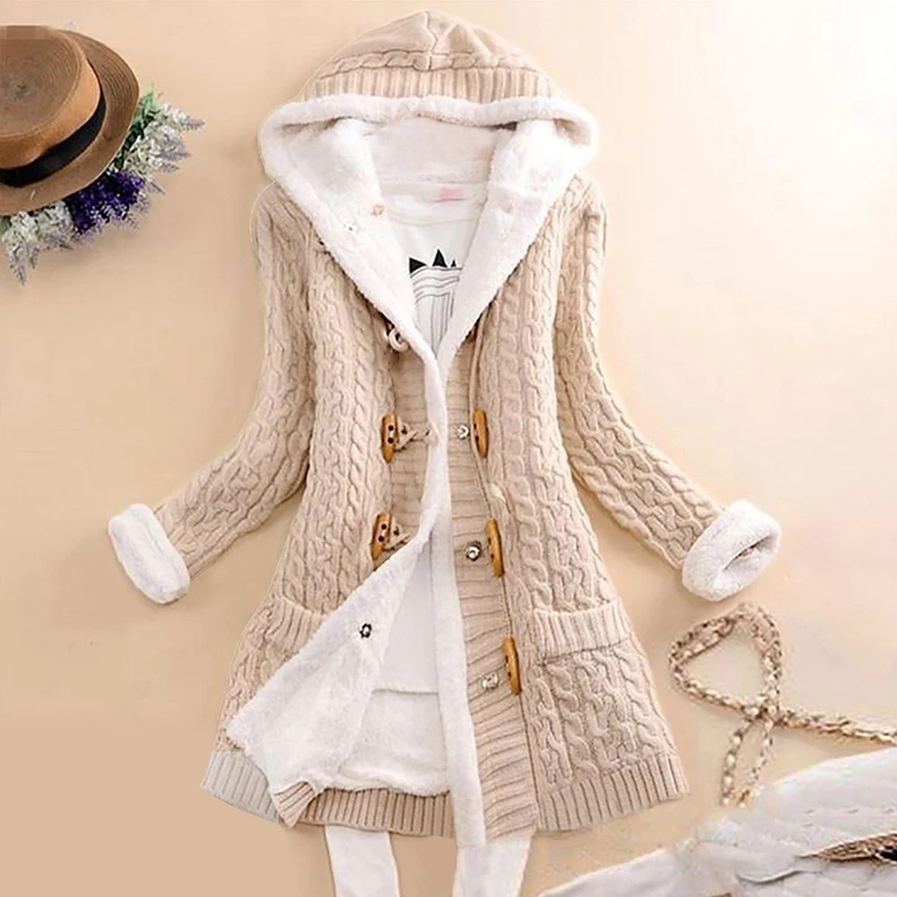 Women Hooded Cardigans Thick Plush Lined Knitted Sweater Coat with Pockets Winter Outwear Hip Length for Casual Daily
Women Hooded Cardigans Thick Plush Lined Knitted Sweater Coat with Pockets Winter Outwear Hip Length for Casual Daily