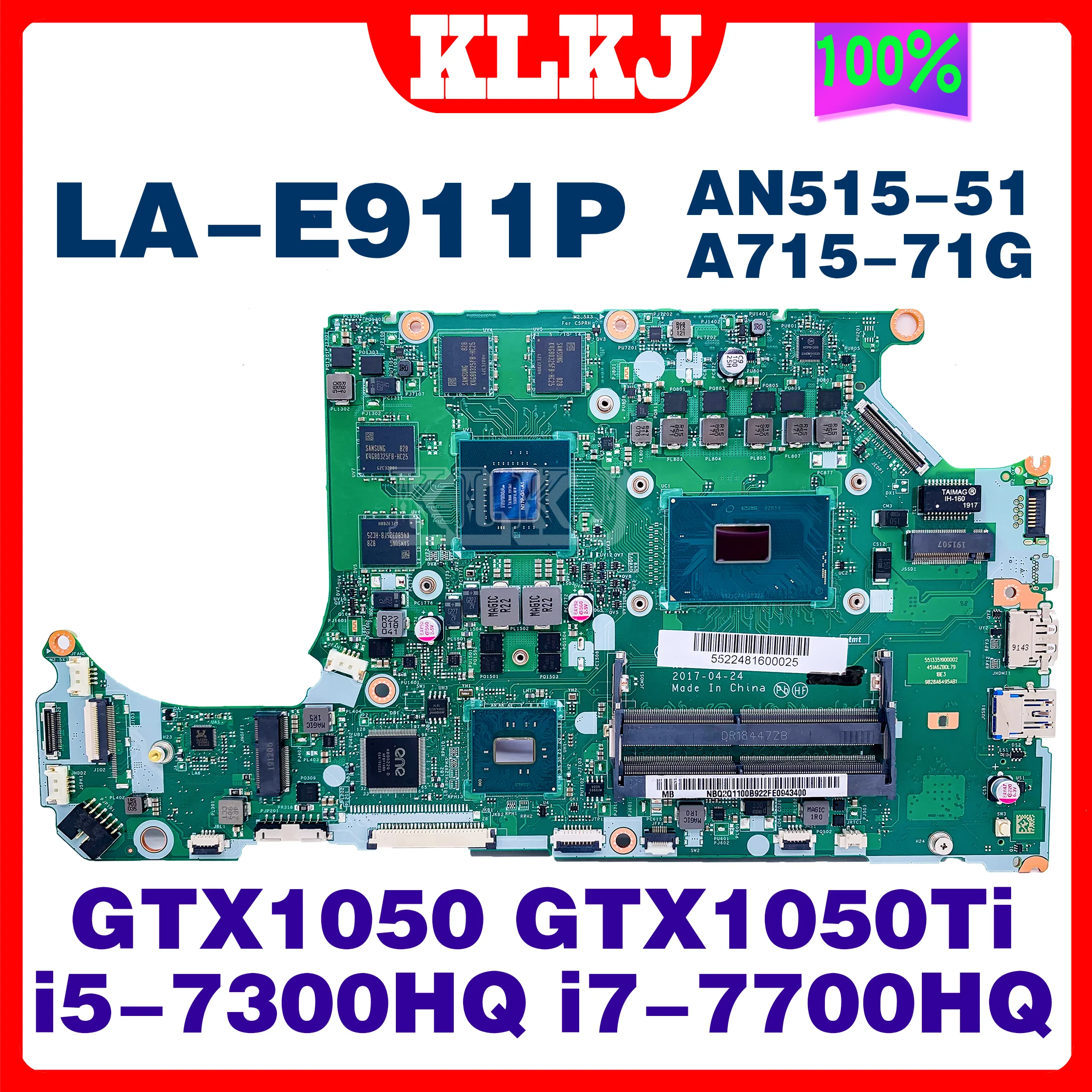 

LA-E911P Motherboard For ACER Aspire AN515-51 A715-71G Laptop Mainboard With I5-7300HQ I7-7700HQ GTX1050 GTX1050TI 100% Test OK