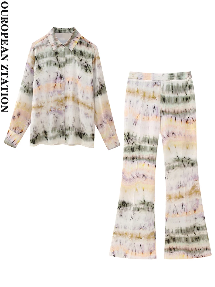 PAILETE Women 2023 fashion tie-dye print side vents shirt or high-waist side zip print flare trousers two pieces sets mujer
PAILETE Women 2023 fashion tie-dye print side vents shirt or high-waist side zip print flare trousers two pieces sets mujer