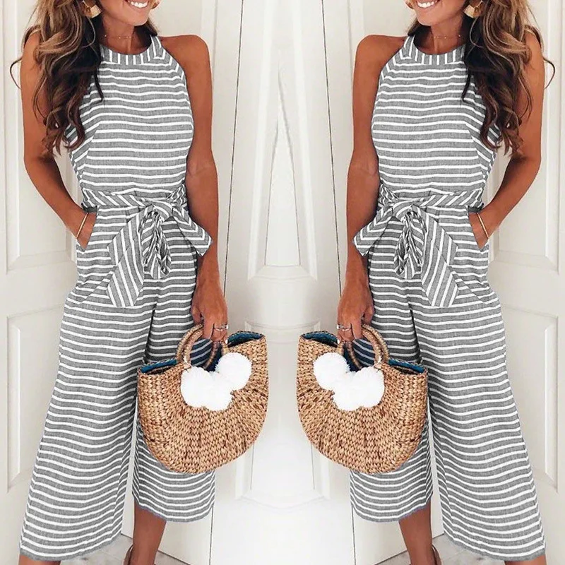 Elegant Summer Fashion Overalls Women Striped O-Neck Sleeveless Long Rompers Elegant Belt Bow Loose Party Jumsuit
Elegant Summer Fashion Overalls Women Striped O-Neck Sleeveless Long Rompers Elegant Belt Bow Loose Party Jumsuit