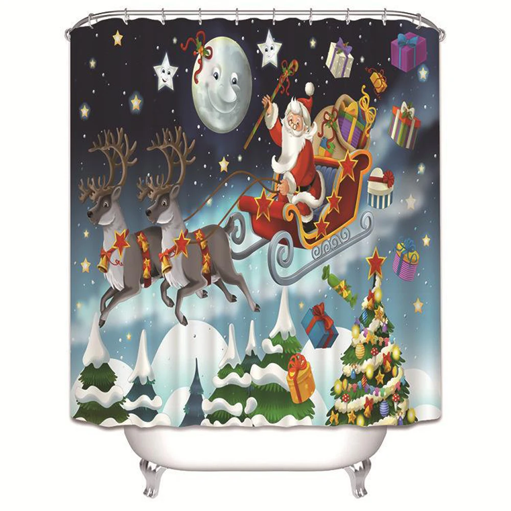 

Elk Sled Christmas Shower Curtain Winter Xmas Tree Snowman Santa Claus Reindeer Bathroom Decor Polyester Bath Curtain with Hooks
