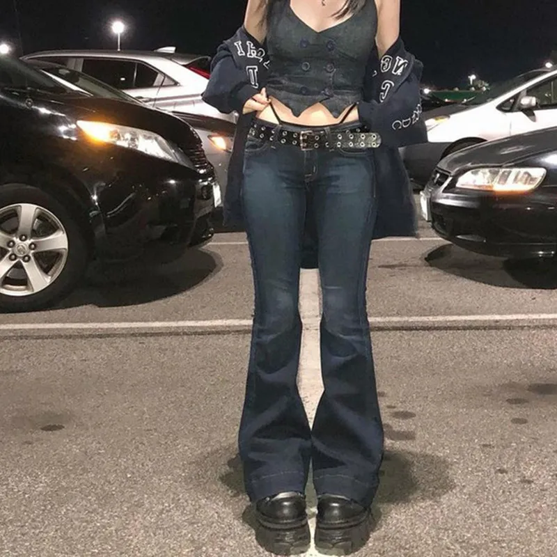 Женские джинсы-клеш с завышенной талией, синие прямые облегающие винтажные брюки в Корейском стиле, Новинка осени-лета 2022 
Женские джинсы-клеш с завышенной талией, синие прямые облегающие винтажные брюки в Корейском стиле, Новинка осени-лета 2022