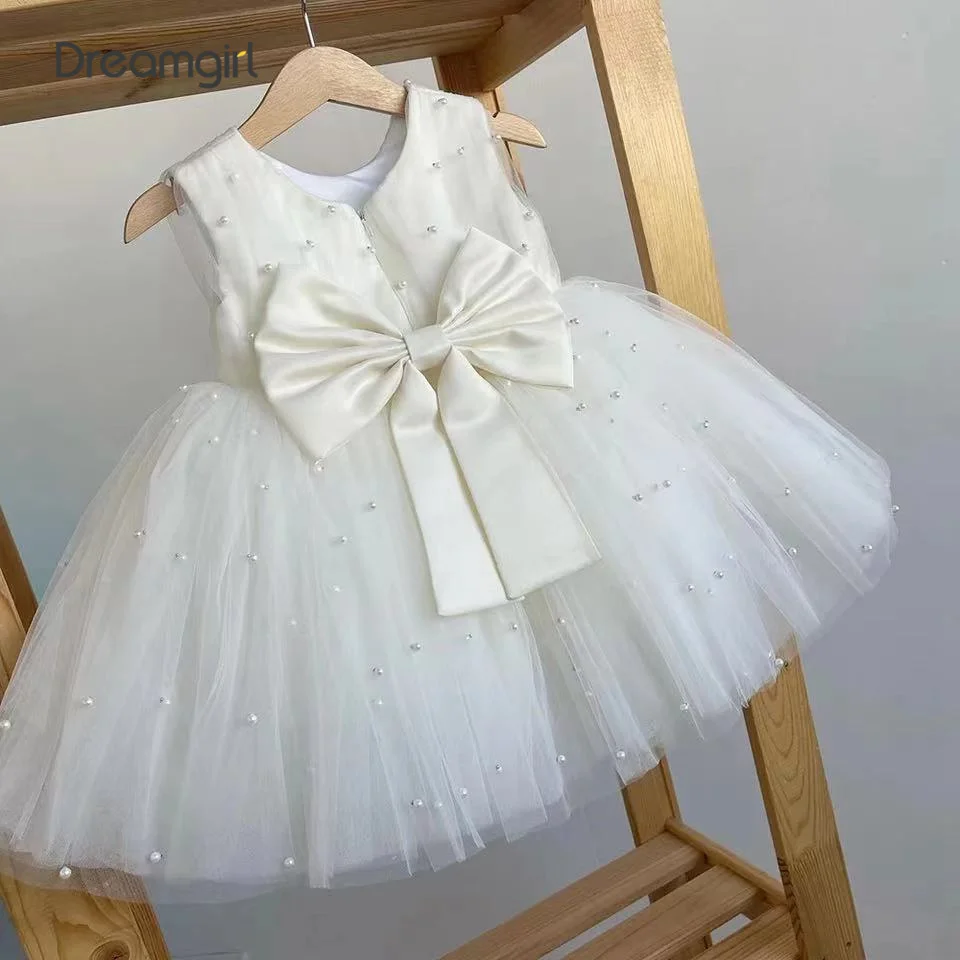 

Белое Тюлевое Пышное Платье для девочек Dreamgirl с цветами, свадебное платье принцессы с жемчугом, платье без рукавов для дня рождения, платье для первого причастия
