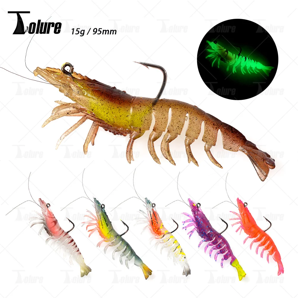 

TOLU Soft Lifelike Shrimp Baits 1PCS Plastic Lures Simulation Prawn Lure 15g 95mm 6 Colors Artificial Lures with Single Hook