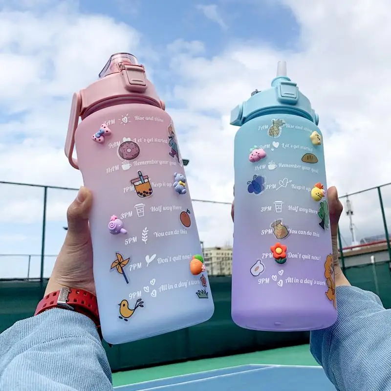 

2L Colorful Large-capacity Plastic Cup With DIY Sticker Frosted Gradient Water Bottle Portable Time Marker Leak-proof Sport Cup