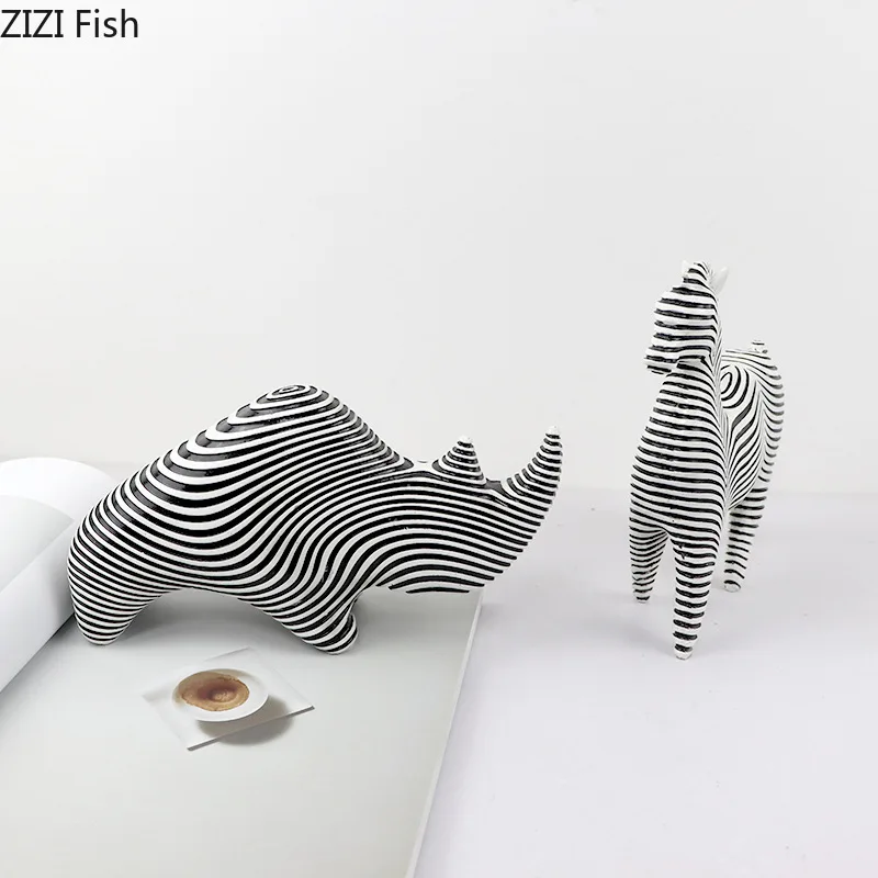 

Black and White Stripes Rhino Zebra Resin Statue Modern Design Animal Ornaments Desk Decoration Sculpture Room Aesthetics Decor