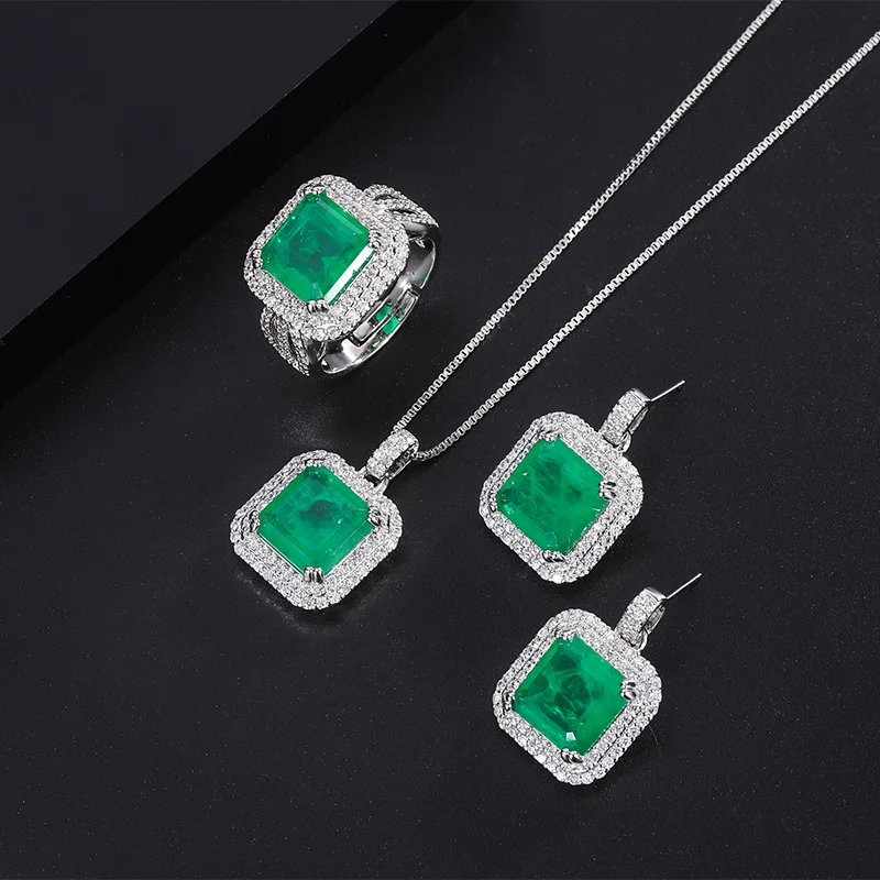 Charm Designer Emerald Stone Square Pendant Necklace Earring Open Adjustable Ring Set Women Wedding Accessories Anniversary Gift
Charm Designer Emerald Stone Square Pendant Necklace Earring Open Adjustable Ring Set Women Wedding Accessories Anniversary Gift
