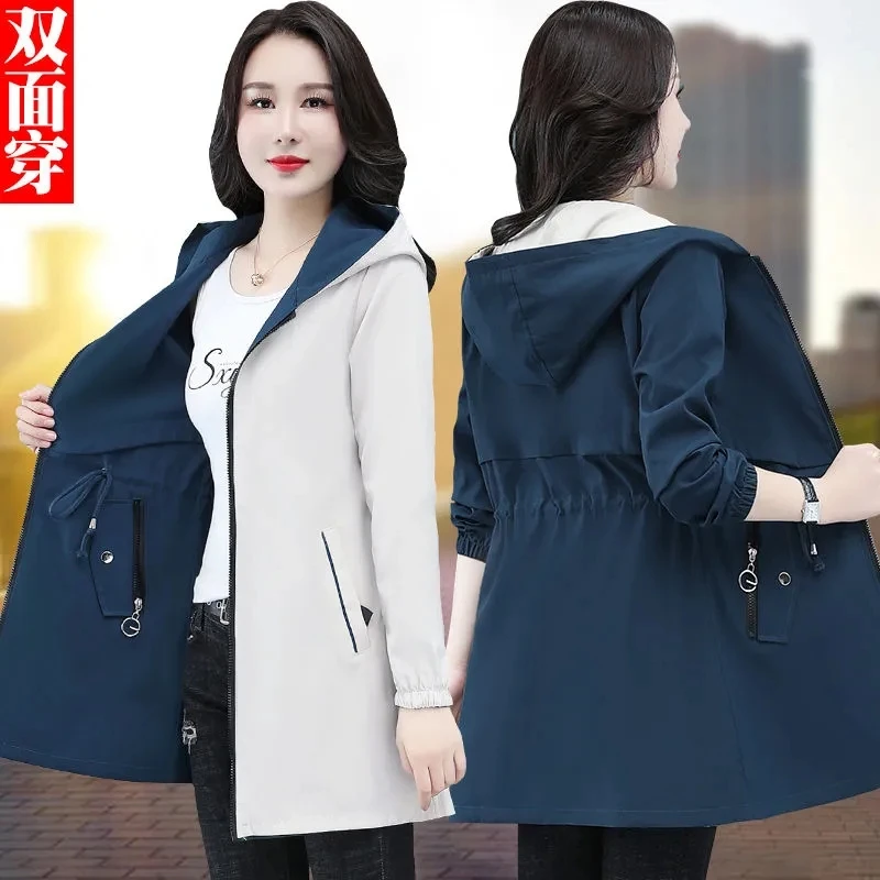 

2022 New Reversible Windbreakers Womens Casual Loose Hooded Trench Coats Spring Autumn Solid Simple Outwear Female Coat Tops 4XL