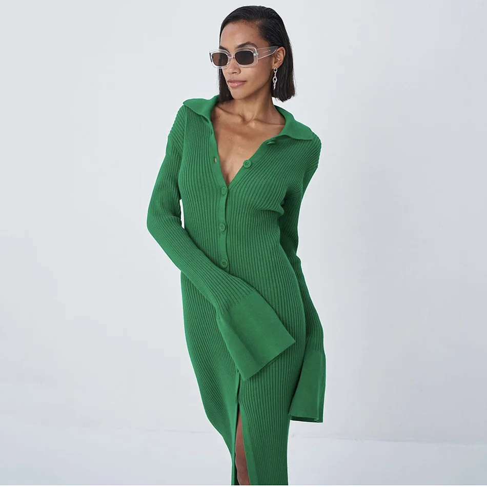 Winter Dresses Flare Sleeve V Neck Knitted Elegant Dresses for Women Green Solid Vintage Single Breasted Sexy Slim Long Dress
Winter Dresses Flare Sleeve V Neck Knitted Elegant Dresses for Women Green Solid Vintage Single Breasted Sexy Slim Long Dress